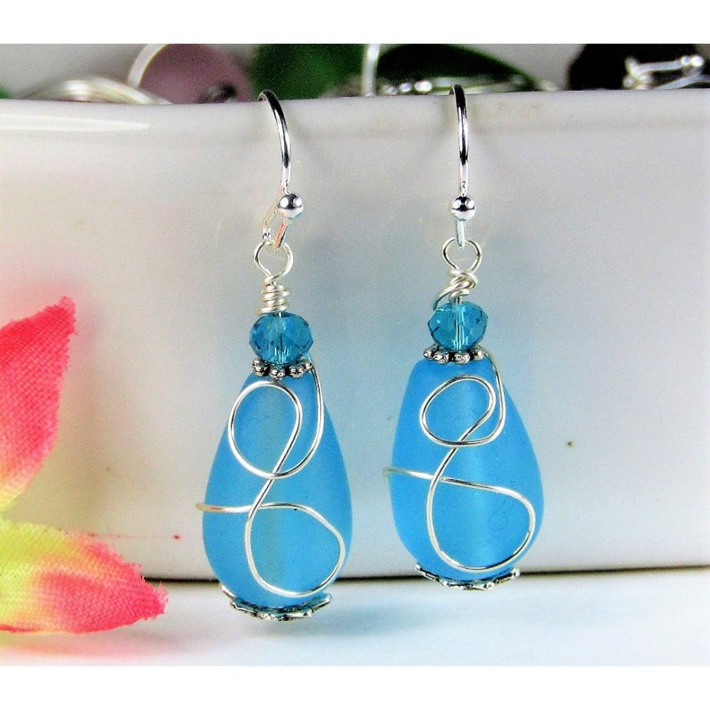 Caribbean Blue Sea Glass Earrings